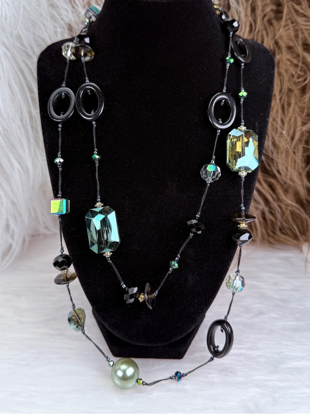 Vintage Long Beaded Station Necklace Green Black Faceted Mixed Media Boho